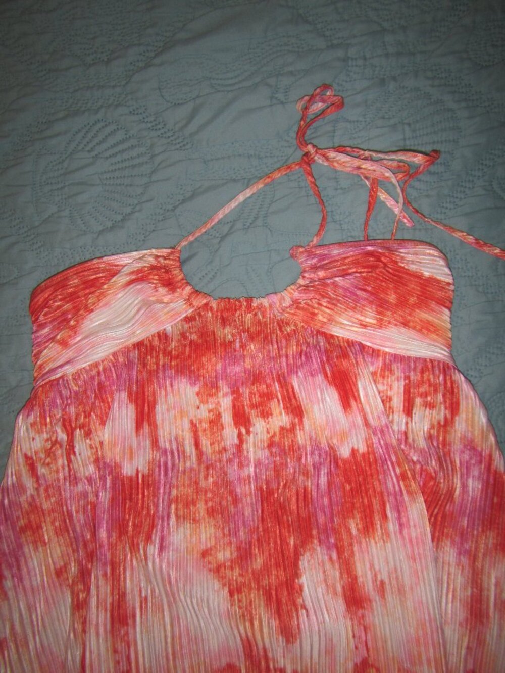 Tie-Dye Halter Maxi Dress • Pink Orange Red • Pleated • Braided Tie Neck